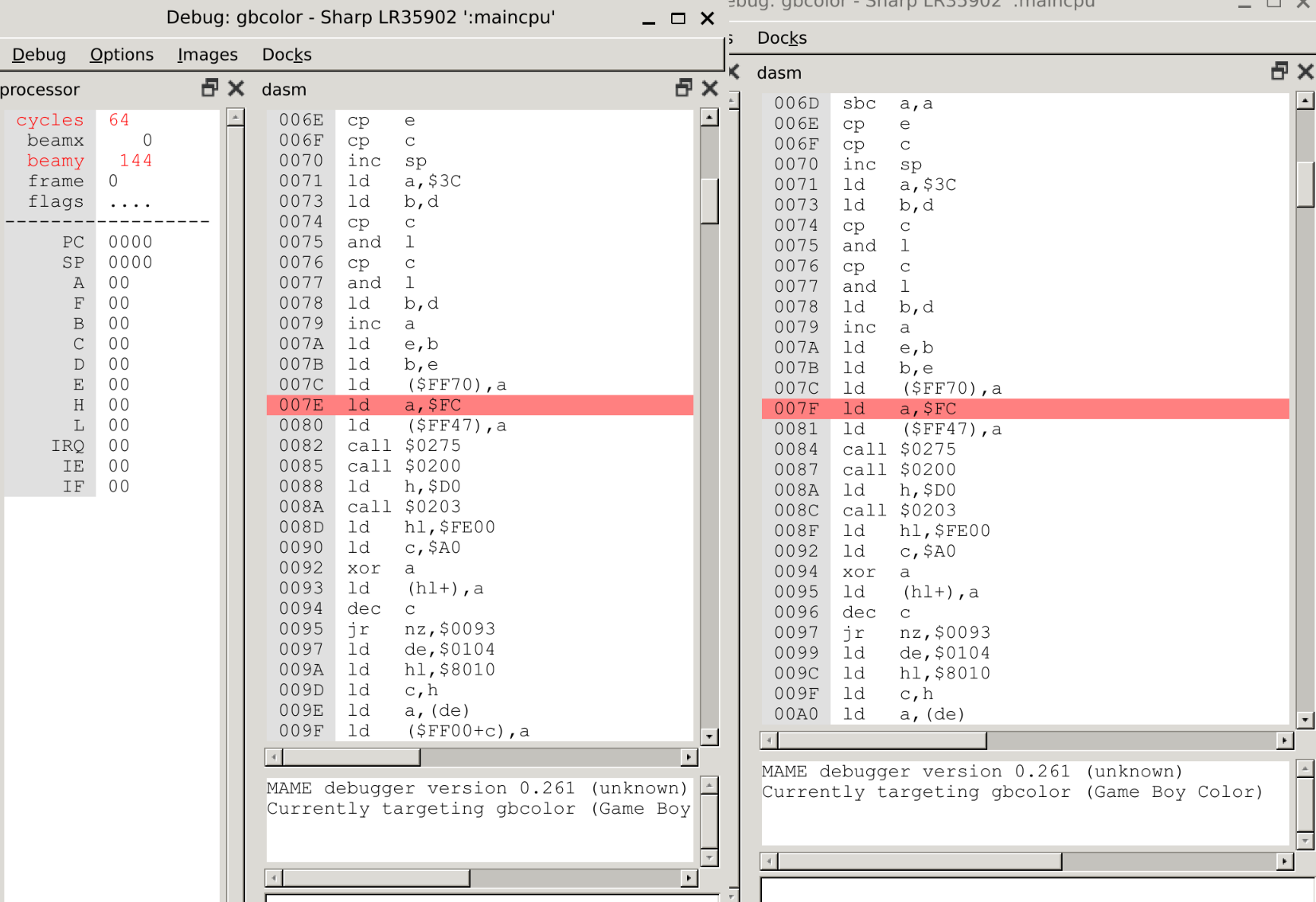 both boot ROMs side by side showing 1 byte difference