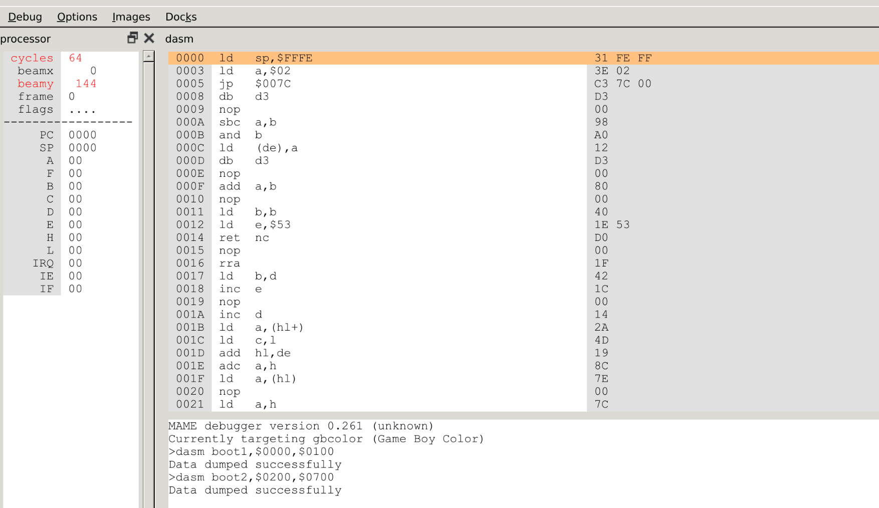 MAME screen with boot ROM disassembly